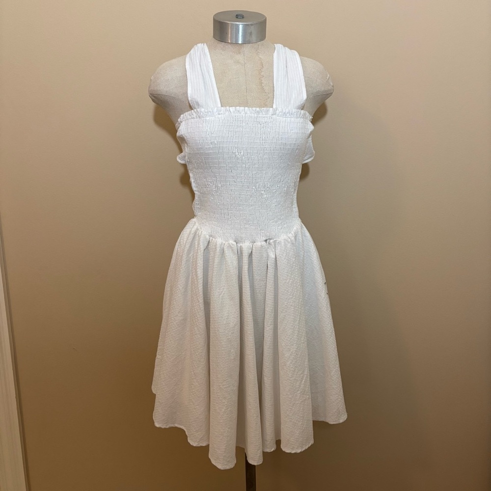 Lulu's Best Girl White Smocked Cross-Back A-Line Mini Dress